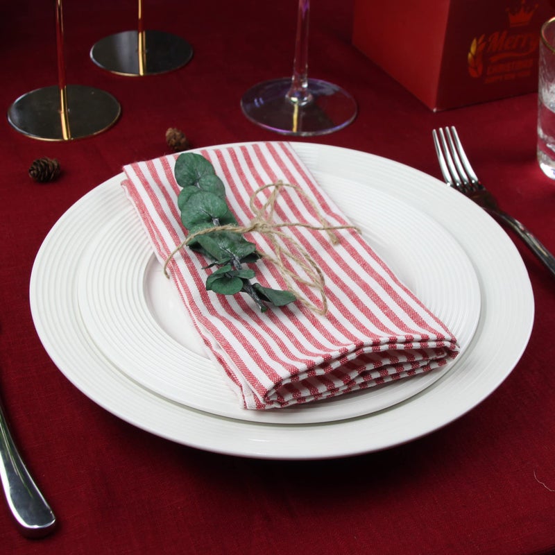 INFEI Plain Striped Cotton Linen Blended Dinner Cloth Napkins - Set of 12 (40 x 30 cm) - for Events & Home Use (Red) - Image 2